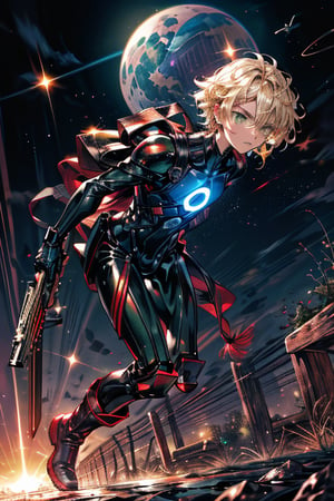 In a distant two-suns planet's alien valley, a young man with short grey hair and piercing green eyes, donning a rinoceros-shaped armor and black bodysuit, dashes forth. His androgynous features are accentuated by high cheekbones and a subtle jawline. He grasps black globes that hold a shotgun at the ready, his handsome face set in a determined expression. Mid-length hair blows back as he runs, revealing a glimpse of blonde locks beneath. Bulge-panted leather boots make him look both powerful and agile. Light lipstick adds a touch of sweetness to his pretty eyes, which seem to sparkle like the twin suns above.