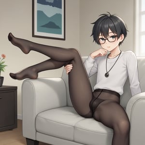 androgynous slim boy, necklace, wearing black pantys and black pantyhose, short black hair, pale skin, eyewear, sit with spread legs in a armchair, inside in a modern bedroom and fluffy black cat rest in window,