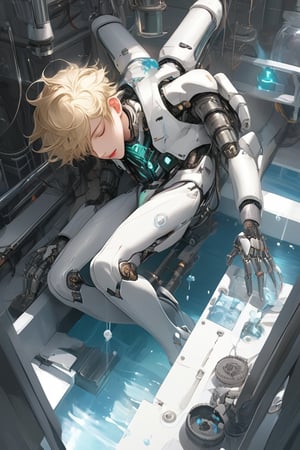 android boy, young male androgynous, 
sleeping, emerald eyes, steel gray hair, discreet pink nose, lips and knees, his body floating one meter from the floor passes through assembly modules that complete it in a laboratory with white walls of shapes Vaulted, the pieces of its white-skinned mechanical body emerge through mechanical arms from a large pool of liquid under its rail passage, epic visual style,cute blond boy