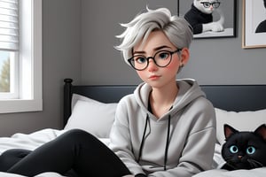 androgynous, young boy, with pale skin, Round eyeglasses, discreet masculine earrings, short hair color black, wearing a light gray hoodie and black tight lycra leggings, Loafers, 3d animated style, with his black furry cat They both rest comfortably on the bed in the modern-looking and decorated bedroom before work in the laptop,