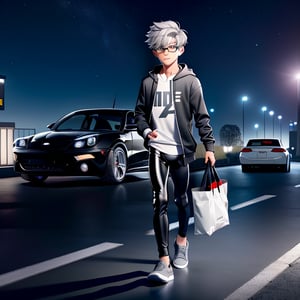 young androgynous boy in black thights lycra leggings and shirt dressed with open light grey hoodie and socks, pale skin, drop frame eyeglasses, hair cut is short youthful in layers for volume and long top strands towards the forehead, bicolor loafers, walking in a street with his laptop bag and a kia k3 red color car parked behind him,3d pixar style,Car,penis penetration,1Car