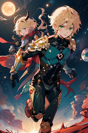 short grey hair and green eyes slim human boy with a rinoceros shape armor and black bodysuit , androgynous face, black globes holding a shotgun and high thigh leather boots, running in the alien valley in a distant two suns planet, genshin impact style,bulgepanty,1boy, man, young man, blonde hair, brown eyes, pretty eyes, sweet boy, Korean webtoon boy, asian eyes, light lipstick, handsome face, pretty face, mid lenght hair.,4esthet1c