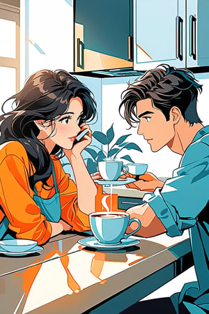 at a kitchen table making coffee in the morning, after having slept together they only wore their bedding