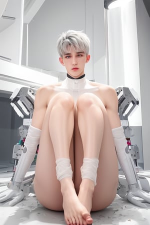 young android boy, androgynous, slightly surprice expression, emerald eyes, steel-grey hair color, discrete pink nose lips and knees, his body being assembled in a laboratory with white walls or domed shapes, the pieces of his mechanical and white-skinned organic body come out through mechanical arms from a pool of liquid under his body, epic style,Sci Fi,(MkmCut),cute blond boy