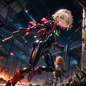 In a distant two-suns planet's alien valley, a young man with short grey hair and piercing green eyes, donning a rinoceros-shaped armor and black bodysuit, dashes forth. His androgynous features are accentuated by high cheekbones and a subtle jawline. He grasps black globes that hold a shotgun at the ready, his handsome face set in a determined expression. Mid-length hair blows back as he runs, revealing a glimpse of blonde locks beneath. Bulge-panted leather boots make him look both powerful and agile. Light lipstick adds a touch of sweetness to his pretty eyes, which seem to sparkle like the twin suns above.