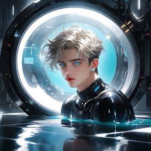 In 'Rebooting Life', an ethereal laboratory setting is bathed in soft, clinical lighting. Vaulted white walls and a large pool of liquid create a futuristic atmosphere. An android boy, with piercing emerald eyes, steel gray hair, and delicate pink accents on his nose, lips, and knees, floats one meter above the floor. His mechanical form glows softly blue as extensions emerge from his limbs, harmonizing with his white-skinned synthetic body. A curious blond- haired human boy peers out from behind an assembly module, captivated by the android's intricate composition.