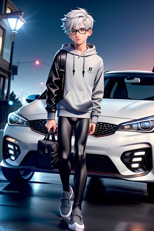 young androgynous boy in black thights lycra leggings and shirt dressed with open light grey hoodie and socks, pale skin, drop frame eyeglasses, hair cut is short youthful in layers for volume and long top strands towards the forehead, bicolor loafers, walking in a street with his laptop bag and a kia k3 red color car parked behind him,3d pixar style,Car,penis penetration,1Car