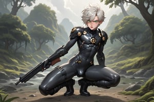 In a distant two-suns planet's alien valley, a young man with short grey hair and piercing green eyes, donning a rinoceros-shaped armor and black bodysuit, dashes forth. His androgynous features are accentuated by high cheekbones and a subtle jawline. He grasps black globes that hold a shotgun at the ready, his handsome face set in a determined expression. Mid-length hair blows back as he runs, revealing a glimpse of blonde locks beneath. Bulge-panted leather boots make him look both powerful and agile. Light lipstick adds a touch of sweetness to his pretty eyes, which seem to sparkle like the twin suns above.