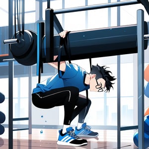 young androgynous boy in black lycra leggings and shirt dressed with  socks, pale skin, drop frame eyeglasses, hair cut is short youthful in layers for volume and long top strands towards the forehead, bicolor sneakers, sweating doing  pull-ups in a gym in the afternoon.