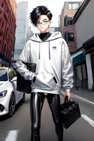 young androgynous boy in black lycra leggings and shirt dressed with open light grey hoodie and socks, pale skin, drop frame eyeglasses, hair cut is short youthful in layers for volume and long top strands towards the forehead, bicolor loafers, walking in a street with his laptop bag and a kia k3 red color car parked behind him,3d pixar style,Car