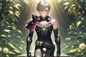 In a valley's warm twilight, two setting suns cast a golden glow on a distant planet. A young man with short grey hair and piercing green eyes dashes forth, clad in black bodysuit and rinoceros-shaped armor. His androgynous features stand out amidst mid-length blown-back hair, revealing blonde locks beneath. He grasps black globes containing a shotgun at the ready, his determined expression set against the backdrop of soft, high-angled lighting and the valley's lush landscape. Bulge-panted leather boots accentuate his powerful yet agile physique as he moves with purpose, his sparkling green eyes shining like the twin suns above, subtly enhanced by soft light lipstick.