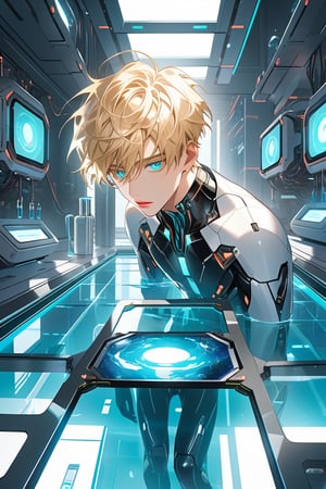 In Rebooting Life, a soft glow illuminates the futuristic laboratory setting, where vaulted white walls and a large pool of liquid converge to create a clinical atmosphere. An android boy, with piercing emerald eyes and delicate pink accents on his nose, lips, and knees, floats one meter above the floor, his mechanical form glowing softly blue as extensions emerge from his limbs, harmonizing with his synthetic body. In the background, a curious blond-haired human boy peeks out from behind an assembly module, captivated by the android's intricate composition.