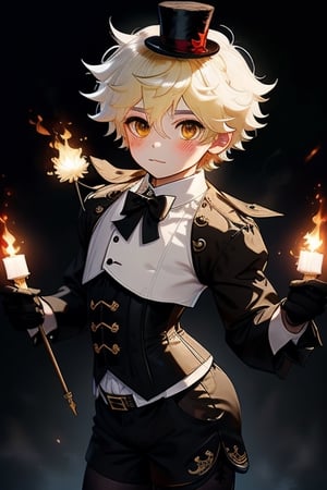 Lyney (genshin impact video game), boy with black and shiny high tights, black gloves, androgynous boy, top hat magician, soft and skinny body, white skin, rose cheeks and nose, short cut blonde hair, Full body shot, victorian corset with shorts and white sleeves tight on the forearms, doing a magician show with fire cards and a bow, Silly cat, highres,boy ,1boy