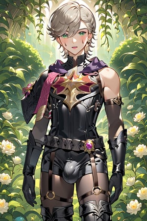 In a valley's warm twilight, two setting suns cast a golden glow on a distant planet. A young man with short grey hair and piercing green eyes dashes forth, clad in black bodysuit and rinoceros-shaped armor. His androgynous features stand out amidst mid-length blown-back hair, revealing blonde locks beneath. He grasps black globes containing a shotgun at the ready, his determined expression set against the backdrop of soft, high-angled lighting and the valley's lush landscape. Bulge-panted leather boots accentuate his powerful yet agile physique as he moves with purpose, his sparkling green eyes shining like the twin suns above, subtly enhanced by soft light lipstick.