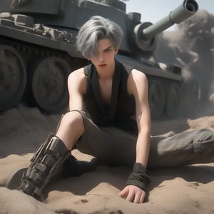 android boy, young male androgynous, slight rage expression, emerald eyes, steel gray hair, discreet pink in nose, lips and knees, pale-skinned and mechanical joints body, at afternoon in a battlefield, enemies and tanks detroyed around him, 