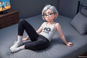 androgynous boy, with pale skin, Round eyeglasses, short hair color silver steel gray, flat chest wearing a withe tank top and black leggings with white socks, Loafers, 3d animated style, rest on the bed in his bedroom play videogames.,disney pixar style,APEX colourful 