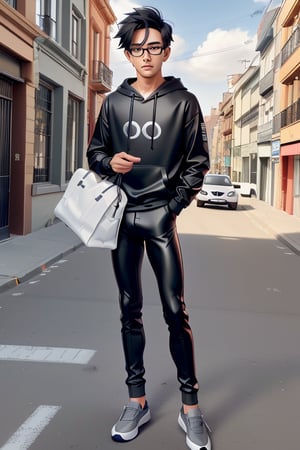young androgynous boy in black thights lycra leggings and shirt dressed with open light grey hoodie and socks, pale skin, drop frame eyeglasses, hair cut is short youthful in layers for volume and long top strands towards the forehead, bicolor loafers, walking in a street with his laptop bag and a kia k3 red color car parked behind him,3d pixar style,Car,penis penetration,1Car,Very crowded city