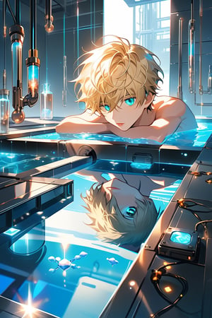 A warm, soft focus glow illuminates the laboratory setting, casting a serene ambiance on vaulted white walls and a large pool of liquid. An android boy floats one meter above the floor, radiating a gentle blue light as he drifts effortlessly amidst the sterile environment. His emerald eyes sparkle, surrounded by steel gray hair and delicate pink accents on his nose, lips, and knees. The harmonious composition of his synthetic body and extensions is mesmerizing. In the background, a curious blond-haired human boy peeks out from behind an assembly module, captivated by the android's intricate design, his shining eyes full of curiosity.