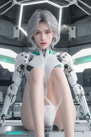 young android boy, androgynous, slightly surprice expression, emerald eyes, steel-grey hair color, discrete pink nose lips and knees, his body being assembled in a laboratory with white walls or domed shapes, the pieces of his mechanical and white-skinned organic body come out through mechanical arms from a pool of liquid under his body, epic style,Sci Fi
