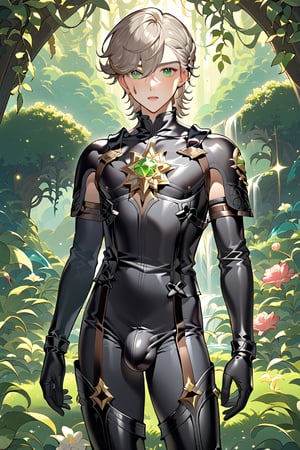 In a valley's warm twilight, two setting suns cast a golden glow on a distant planet. A young man with short grey hair and piercing green eyes dashes forth, clad in black bodysuit and rinoceros-shaped armor. His androgynous features stand out amidst mid-length blown-back hair, revealing blonde locks beneath. He grasps black globes containing a shotgun at the ready, his determined expression set against the backdrop of soft, high-angled lighting and the valley's lush landscape. Bulge-panted leather boots accentuate his powerful yet agile physique as he moves with purpose, his sparkling green eyes shining like the twin suns above, subtly enhanced by soft light lipstick.