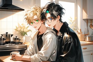 In a warm, golden-lit kitchen reminiscent of Ghilbi's whimsical world, two young male androgynous boyfriends snuggle together. The duo wears black leather pants and matching shirts, their pale skin glowing under the soft light. Short hair, styled in layers for volume with long top strands framing their faces, adds to their youthful charm.

The gray-haired boyfriend sports green eyes behind frame eyeglasses, while his partner dons black hair and heterochromia eyes, a unique feature that sets them apart. Bicolor sneakers and backpacks complete their stylish ensembles.

two androgynous boys at a kitchen, one in the stove and the other on table making coffee in the morning, after having slept together they only wore their bedding, a blonde boy in a white outfit joins the snuggle party, adding to the warm and cozy atmosphere. The Ghilbi-inspired anime style brings this tender moment to life, capturing the love and affection between these two androgynous couples.