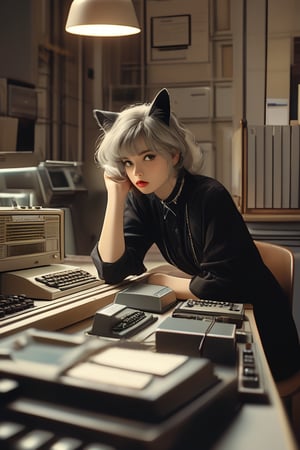 In a nostalgic 1980s setting, a 19-year-old girl with mid-short grey hair, donning cat ears and tail, sits comfortably in an office chair adorned with Antonio Verdeja's embroidery. The chair is situated in front of a metallic desk, where she intently writes on an old Commodore 64 computer from 1982. A small black cat perches beside her, as if observing the scene. The room is filled with IBM System 360 tape stations and vintage office equipment, evoking a sense of nostalgia. In the afternoon light, the warm glow illuminates the girl's determined expression, as she taps away at the computer keyboard, surrounded by the nostalgic ambiance of a bygone era.