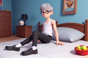 androgynous boy, with pale skin, Round eyeglasses, short hair color silver steel gray, flat chest wearing a withe tank top and black leggings with white socks, Loafers, 3d animated style, rest on the bed in his bedroom play videogames.
