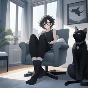 androgynous slim boy, necklace, wearing black pantys and high-thights socks, short black hair, pale skin, eyewear, sit with with her legs raised supported by her graceful arms and the tips of her feet up in a armchair, inside in a modern bedroom and fluffy black cat rest in window,

