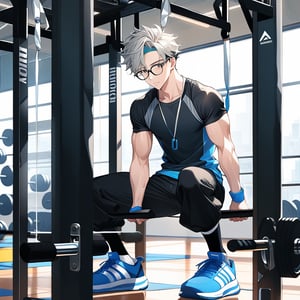 young androgynous boy in black lycra leggings and shirt dressed with  socks, pale skin, drop frame eyeglasses, hair cut is short youthful in layers for volume and long top strands towards the forehead, bicolor sneakers, sweating doing  pull-ups in a gym in the afternoon.,scenery