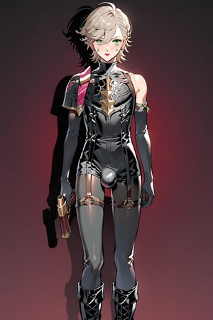 In a valley bathed in the warm glow of two setting suns on a distant planet, a young man with short grey hair and piercing green eyes, clad in a black bodysuit and rinoceros-shaped armor, dashes forth. His androgynous features are highlighted by high cheekbones and a subtle jawline as he grasps black globes containing a shotgun at the ready. The determined expression on his handsome face is set amidst mid-length hair blown back, revealing a glimpse of blonde locks beneath. Bulge-panted leather boots enhance his powerful yet agile appearance. Soft light lipstick adds a touch of sweetness to his sparkling green eyes, which seem to shine like the twin suns above.