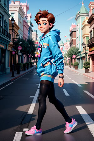 androgynous, boy, flat chest, with pale skin, short hair, wearing a pink open hoodie and black thigh high long socks, 3d animated style, walking happy in the middle of a street,panty,trap,Femboy.,femboy,1boy,disney pixar style