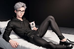 androgynous, boy, with pale skin, Round eyeglasses, discreet masculine earrings, short hair color black, wearing a sligh gray hoodie and black lycra leggings, Loafers, 3d animated style, with his black furry cat sleep in his bed before work in the laptop,