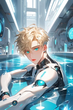 In 'Rebooting Life', an ethereal laboratory setting is bathed in soft, clinical lighting. Vaulted white walls and a large pool of liquid create a futuristic atmosphere. An android boy, with piercing emerald eyes, steel gray hair, and delicate pink accents on his nose, lips, and knees, floats one meter above the floor. His mechanical form glows softly blue as extensions emerge from his limbs, harmonizing with his white-skinned synthetic body. A curious blond- haired human boy peers out from behind an assembly module, captivated by the android's intricate composition.,cute blond boy