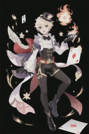 Lyney (genshin impact), boy with black and shiny high tights, black gloves, androgynous boy, top hat magician, soft and skinny body, white skin, rose cheeks and nose, short cut blonde hair, Full body shot, victorian corset with shorts and white sleeves, doing a magician show with fire cards and a bow, Silly cat, highres,boy ,1boy, victorian Mid-Calf Boots Black Leather,Manjiro Sano,BoyKisserFur