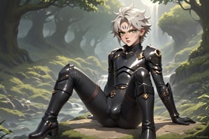 In a valley bathed in the warm glow of two setting suns on a distant planet, a young man with short grey hair and piercing green eyes, clad in a black bodysuit and rinoceros-shaped armor, dashes forth. His androgynous features are highlighted by high cheekbones and a subtle jawline as he grasps black globes containing a shotgun at the ready. The determined expression on his handsome face is set amidst mid-length hair blown back, revealing a glimpse of blonde locks beneath. Bulge-panted leather boots enhance his powerful yet agile appearance. Soft light lipstick adds a touch of sweetness to his sparkling green eyes, which seem to shine like the twin suns above.