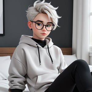 androgynous, young boy, with pale skin, Round eyeglasses, discreet masculine earrings, short hair color black, wearing a light gray hoodie and black lycra leggings, Loafers, 3d animated style, with his black furry cat They both rest comfortably on the bed in the modern-looking and decorated bedroom before work in the laptop,