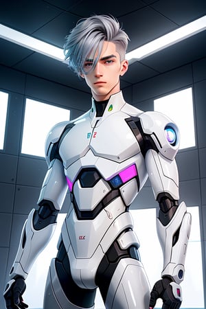 young android boy, androgynous, slightly surprice expression, emerald eyes, steel-grey hair color, discrete pink nose lips and knees, his body being assembled in a laboratory with white walls or domed shapes, the pieces of his mechanical and white-skinned body come out through mechanical arms from a pool of liquid under his body, epic style,Android,android,Cyborg