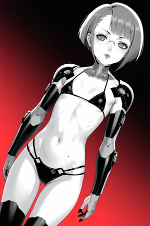 Ink art, Comic style art, Black and white portrait, Grayscale shadows, Outline drawing, Full body portrait, Focus on torso, Full body portrait, Young cyberpunk girl, Short bob hair, Serious look, Half-open eyes, Dark circles, Full lips, Two tone cyberpunk manga style, Grayscale, Girl wears a futuristic bikini, Shoulder pads, Futuristic gauntlet with a console and keyboard on the glove, Cables, Futuristic glasses, Belly button, Red gradient background,