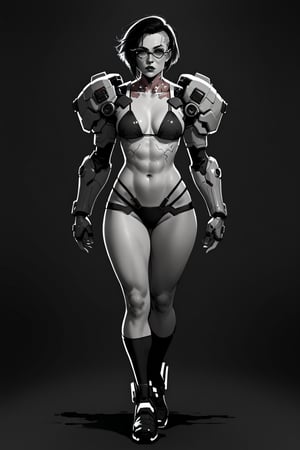 Ink art, Comic style art, Black and white portrait, Grayscale shadows, Outline drawing, Full body portrait, Focus on torso, Full body portrait, Young cyberpunk girl, Short bob hair, Serious look, Half-open eyes, Dark circles, Full lips, Two tone cyberpunk manga style, Grayscale, Girl wears a futuristic bikini, Shoulder pads, Futuristic gauntlet with a console and keyboard on the glove, Cables, Futuristic glasses, Belly button, Red gradient background,