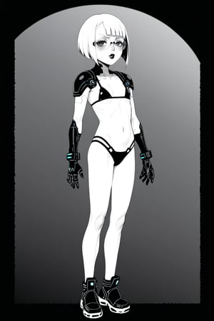 Ink art, Comic style art, Black and white portrait, Grayscale shadows, Outline drawing, Full body portrait, Focus on torso, Full body portrait, Young cyberpunk girl, Short bob hair, Serious look, Half-open eyes, Dark circles, Full lips, Two tone cyberpunk manga style, Grayscale, Girl wears a futuristic bikini, Shoulder pads, Futuristic gauntlet with a console and keyboard on the glove, Cables, Futuristic glasses, Belly button, Red gradient background,