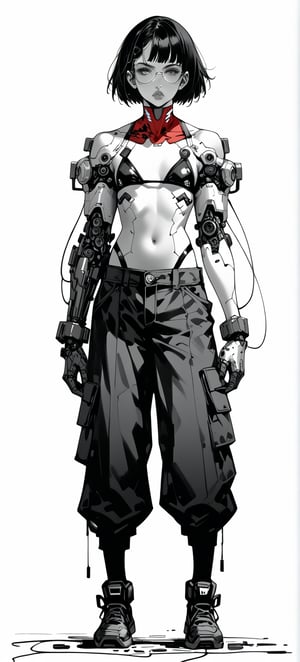 Ink art, Comic style art, Black and white portrait, Grayscale shadows, Outline drawing, Full body portrait, Focus on torso, Full body portrait, Young cyberpunk girl, Short bob hair, Serious look, Half-open eyes, Dark circles, Full lips, Two tone cyberpunk manga style, Grayscale, Girl wears a futuristic bikini, Shoulder pads, Futuristic gauntlet with a console and keyboard on the glove, Cables, Futuristic glasses, Belly button, Red gradient background,