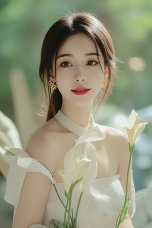 (a model of a Asian woman, dressed in a high-neck white strapless dress adorned with a floral pattern. She is holding a bouquet of white peace lily, her hair cascades over her shoulders. Her eyes are a piercing blue, her lips are a deep red, and she is wearing a pair of gold earrings, adding a touch of sparkle to her face. The backdrop is a verdant window of a flower shop, providing a natural backdrop to the scene. 
Natural pose, morning dawn, Sun Flare, Kind smile, Feminine, gentle expression.

High quality, quality, high details, detail, super detailed, Beautiful detailed face, beautiful face, beautiful detailed facial features, beautiful detailed eyes, porcelain Complexion, short Bob Hair, Side Ponytail, Ample round bosom, hourglass figure, Anatomically correct,

Natural lighting, Cowboy Shot, Close-up shot, Award-winning, Masterpiece, Bokeh background, SAFE FOR WORK. SFW.)