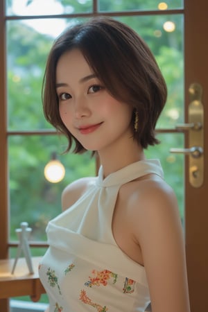 (a model of a Asian woman, dressed in a high-neck white strapless dress adorned with a floral pattern. Her short hair. Her eyes are a piercing brown, her lips are a deep red, and she is wearing a pair of gold earrings, adding a touch of sparkle to her face. The backdrop is a verdant window, providing a natural backdrop to the scene. 
Natural pose, starry night, Lens flare, Kind smile, Feminine, gentle expression.

High quality, quality, high details, detail, super detailed, Beautiful detailed face, beautiful face, beautiful detailed facial features, beautiful detailed eyes, porcelain Complexion, short Bob Hair, Side Ponytail, Ample round bosom, hourglass figure, Anatomically correct,

Natural lighting, Cowboy Shot, Close-up shot, Award-winning, Masterpiece, Bokeh background, SAFE FOR WORK. SFW.)