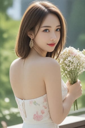 (a model of a Asian woman, dressed in a white strapless dress adorned with a floral pattern. She is holding a bouquet of white and pink flowers, her hair cascades over her shoulders. Her eyes are a piercing blue, her lips are a deep red, and she is wearing a pair of gold earrings, adding a touch of sparkle to her face. The backdrop is a verdant window, providing a natural backdrop to the scene. 
Natural pose, morning dawn, Sun Flare, Kind smile, Feminine, gentle expression.

High quality, quality, high details, detail, super detailed, Beautiful detailed face, beautiful face, beautiful detailed facial features, beautiful detailed eyes, porcelain Complexion, short Bob Hair, Side Ponytail, Ample round bosom, hourglass figure, Anatomically correct,

Natural lighting, Cowboy Shot, From Behind, From Side, Close-up shot, Award-winning, Masterpiece, Bokeh background, SAFE FOR WORK. SFW.)