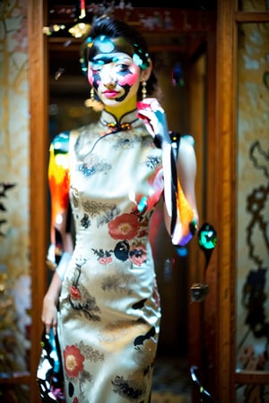 A delicate Japanese woman, adorned in a cheongsam dress, stands radiantly under soft, warm lighting. The camera's focus falls on her captivating curves, subtly blurring the background as she poses with elegance and poise. Her expression is serene, inviting the viewer to step into her tranquil world.