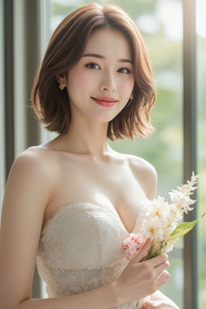 (a model of a Asian woman, dressed in a white strapless dress adorned with a floral pattern. She is holding a bouquet of white and pink flowers, her hair cascades over her shoulders. Her eyes are a piercing blue, her lips are a deep red, and she is wearing a pair of gold earrings, adding a touch of sparkle to her face. The backdrop is a verdant window, providing a natural backdrop to the scene. 
Natural pose, morning dawn, Sun Flare, Kind smile, Feminine, gentle expression.

High quality, quality, high details, detail, super detailed, Beautiful detailed face, beautiful face, beautiful detailed facial features, beautiful detailed eyes, porcelain Complexion, short Bob Hair, Side Ponytail, Ample round bosom, hourglass figure, Anatomically correct,

Natural lighting, Close-up shot, Award-winning, Masterpiece, Bokeh background, SAFE FOR WORK. SFW.)