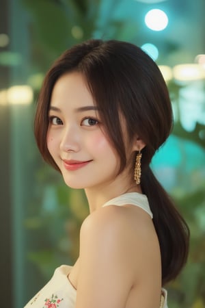 (a model of a Asian woman, dressed in a high-neck white strapless dress adorned with a floral pattern. Her short hair. Her eyes are a piercing brown, her lips are a deep red, and she is wearing a pair of gold earrings, adding a touch of sparkle to her face. The backdrop is a verdant window, providing a natural backdrop to the scene. 
Natural pose, starry night, Lens flare, Kind smile, Feminine, gentle expression.

High quality, quality, high details, detail, super detailed, Beautiful detailed face, beautiful face, beautiful detailed facial features, beautiful detailed eyes, porcelain Complexion, short Bob Hair, Side Ponytail, Ample round bosom, hourglass figure, Anatomically correct,

Natural lighting, Cowboy Shot, Close-up shot, Award-winning, Masterpiece, Bokeh background, SAFE FOR WORK. SFW.)