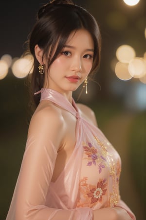 (A youthful & gorgeous Korean-Japanese beauty, fashion model. Cheongsam, Traditional Qipao with combination of pale pinks & lavenders & peach, Chinese dress, intricate patterns, Translucent silky sleeves. Outdoor. Night. Looking at the viewer. Natural pose. Kind smile. Feminine, gentle expression.

Award winning, anatomically correct, high quality, quality, high details, detail, super detailed, Beautiful detailed face. Beautiful detailed eyes. Beautiful detailed facial features. Beautiful Face. Porcelain Complexion. Short Bob Hair. Side Ponytail. Ample round bosom. Anatomically correct.

Warm, soft-boiled lighting. Spotlight. Masterpiece. Cowboy shot. Head-to-toe. Bokeh background. SAFE FOR WORK. SFW.)