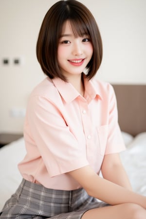 1girl, solo, looking at viewer, smile, short hair, skirt, brown hair, shirt, sitting, short sleeves, teeth, indoors, grin, plaid, light pink shirt, bed, on bed, plaid skirt, realistic