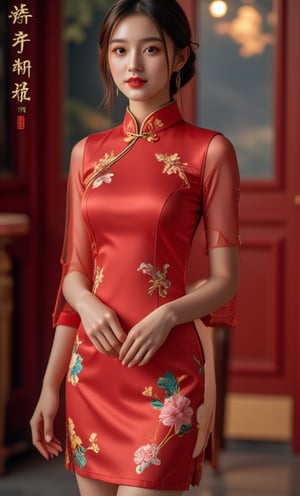 (A youthful & gorgeous Korean-Japanese beauty, Red Cheongsam, Traditional Qipao dress, intricate patterns, Translucent silky sleeves. Outdoor walk, Night Sky. From side. Looking at the viewer.

Details. High Details. Beautiful detailed face. Beautiful detailed eyes. Beautiful detailed facial features. Porcelain Complexion. Short Bob Hair. Side Ponytail. Red High heels. Ample round bosom. Anatomically correct. Natural pose, kind smile. 

 Warm, soft-boiled lighting. Masterpiece. Head-to-toe. Bokeh. SAFE FOR WORK. SFW.)